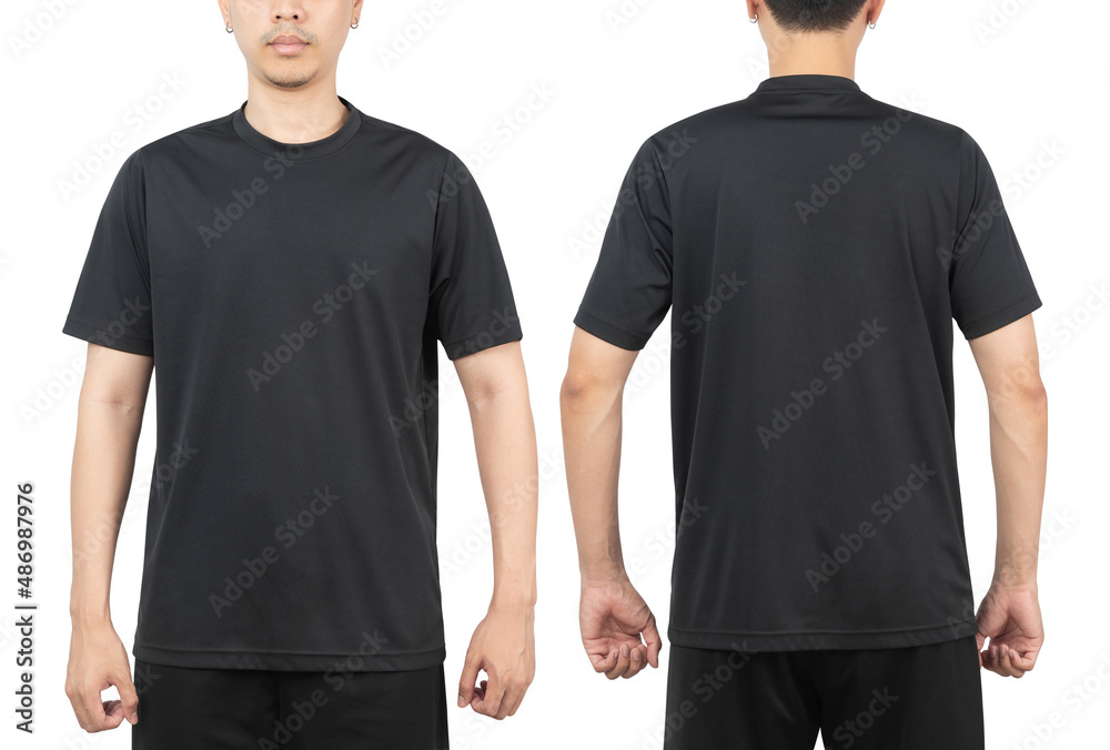 Young man in black sport t-shirt mockup front and back used as design template, isolated on white background with clipping path.