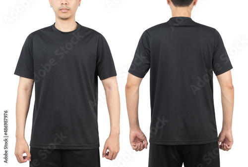 Young man in black sport t-shirt mockup front and back used as design template, isolated on white background with clipping path.