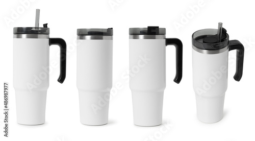 Steel thermo tumbler mockup isolated on white background with clipping path. photo