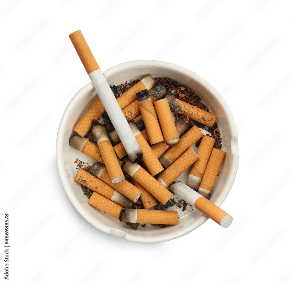 Ceramic ashtray full of cigarette stubs isolated on white, top view Ceramic ashtray full of cigarette stubs isolated on white, top view