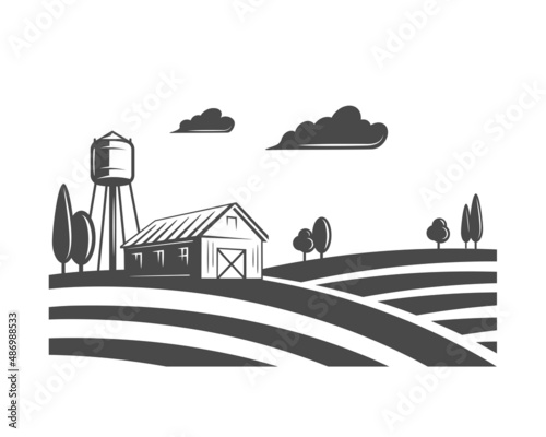Landscape and village farm isolated on white background. Vector illustration