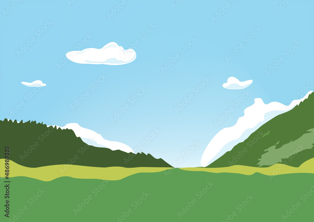 Illustration of green mountains and grasslands on sunny days