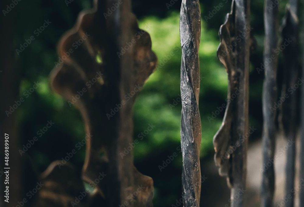 Fototapeta premium Forged metal fence bars close up, vintage art details