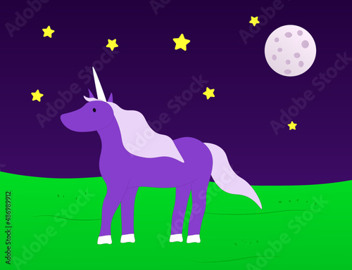 Cute purple unicorn at a green pasture with stars in the sky, vector illustration