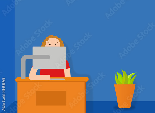 A person using computer in the office, vector illustration
