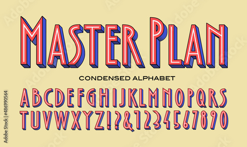 Master Plan is a tall condensed vector alphabet with 3d effects in a red white and blue color scheme.