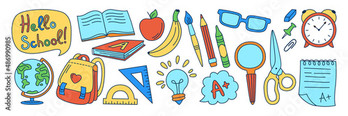 Learning school supplies doodle kit. Back to School drawn line set. Education concept objects for student, scissors backpack, light bulb idea, alarm clock, lunch and globe, pens, brush child vector