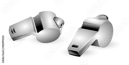 realistic silver metal whistle isolated on 

white background, silver whistle for classic 

coaches