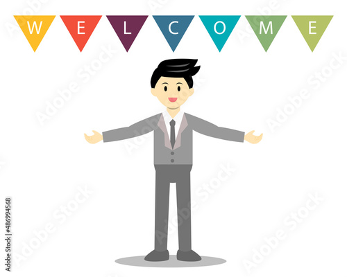 Businessman spreading his arms for welcoming customer. Welcome sign with businessman concept