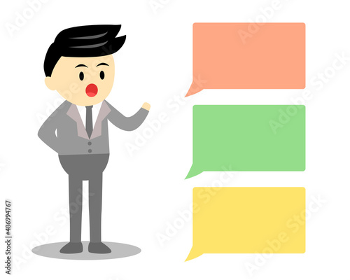 Businessman presenting with 3 colorful empty clouds cartoon vector