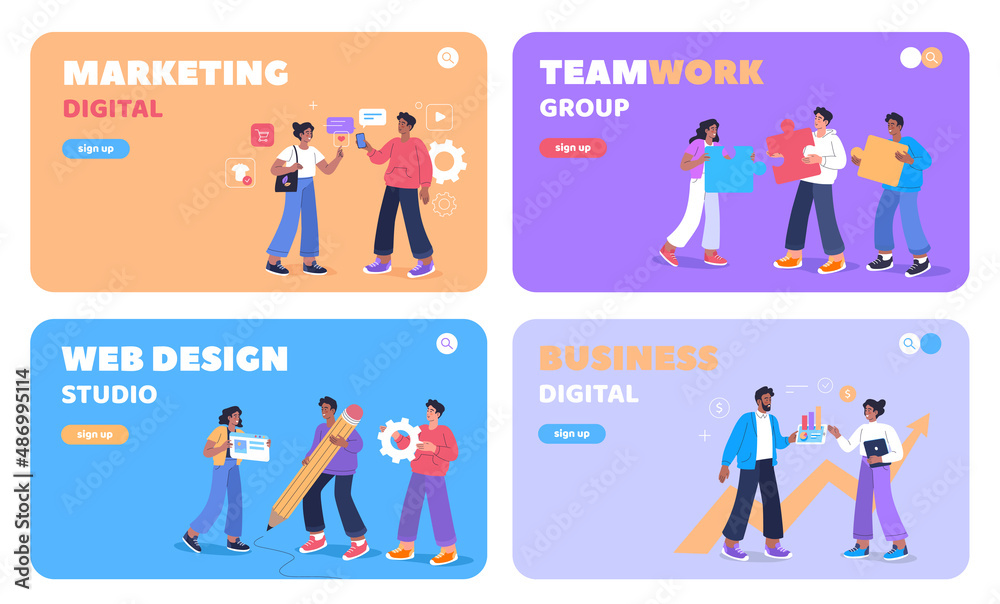 Modern teamwork, digital business, marketing, web design and different people work together colorful templates illustration