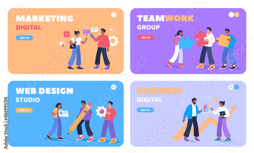 Modern teamwork  digital business  marketing  web design and different people work together colorful templates illustration
