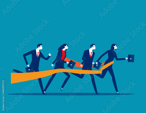 Business people run race crossing finish line ribbon. Business leadership concept vector illustration