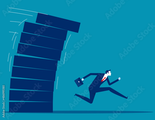Person running away from falling pile. Business vector illustration concept