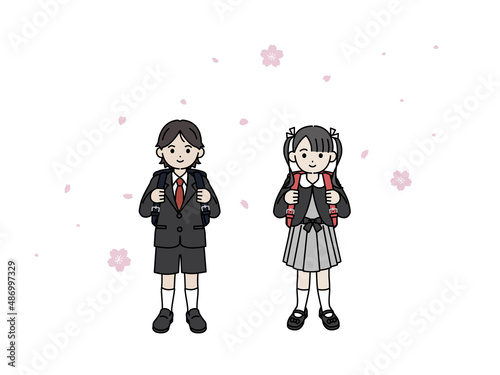 小学生　1年生　男の子　女の子　桜　入学　全身　イラスト