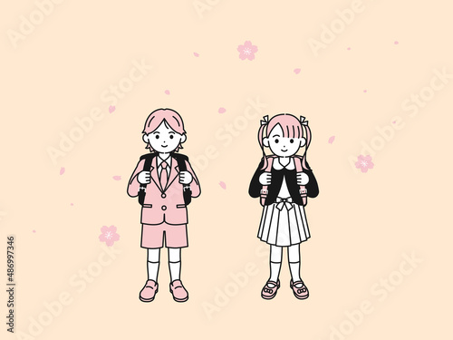 小学生　1年生　男の子　女の子　桜　入学　全身　イラスト