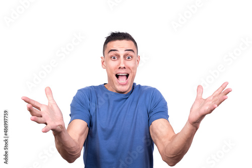 Man with open hands and expression of happiness and surprise