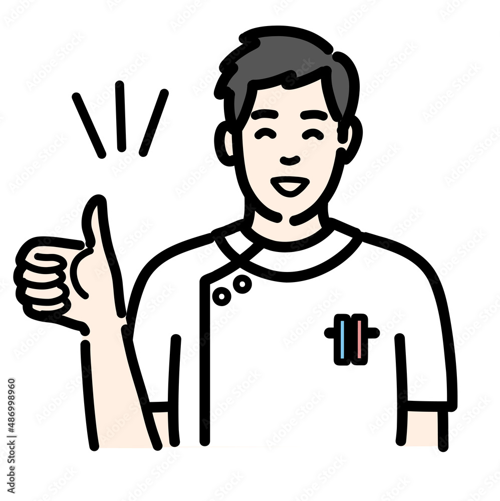 笑顔で親指を立てている白衣を着た若い男性看護師
笑顔で親指を立てている白衣を着た若い男性看護師