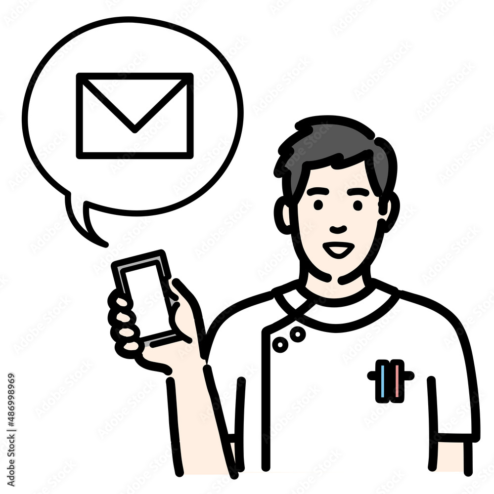 スマートフォンを持ってメールの説明をしている白衣を着た若い男性看護師
