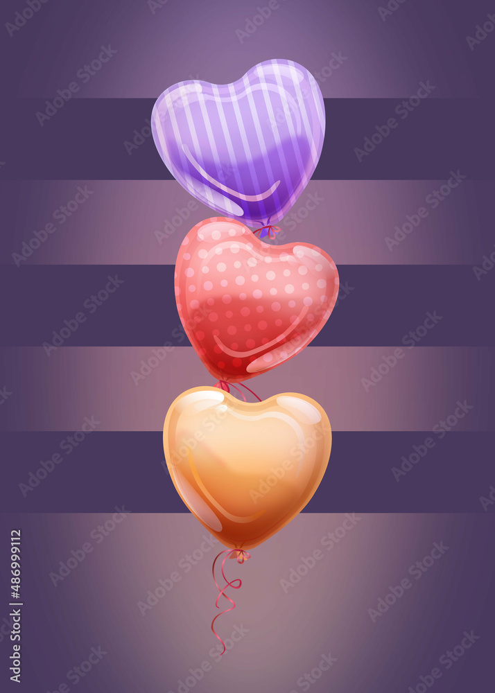 Imprezowe, walentynkowe lub ślubne tło z kolorowymi balonikami w kształcie serca. Ilustracja na banery, tapety, ulotki, vouchery upominkowe, kartki z życzeniami, plakaty. - obrazy, fototapety, plakaty 