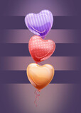 Imprezowe, walentynkowe lub ślubne tło z kolorowymi balonikami w kształcie serca. Ilustracja na banery, tapety, ulotki, vouchery upominkowe, kartki z życzeniami, plakaty.