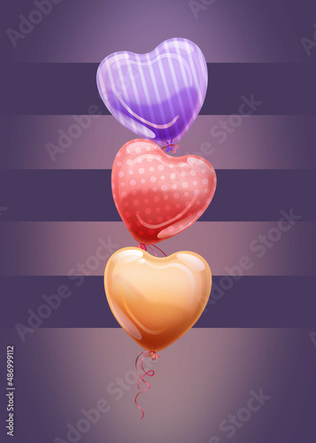 Imprezowe, walentynkowe lub ślubne tło z kolorowymi balonikami w kształcie serca. Ilustracja na banery, tapety, ulotki, vouchery upominkowe, kartki z życzeniami, plakaty.