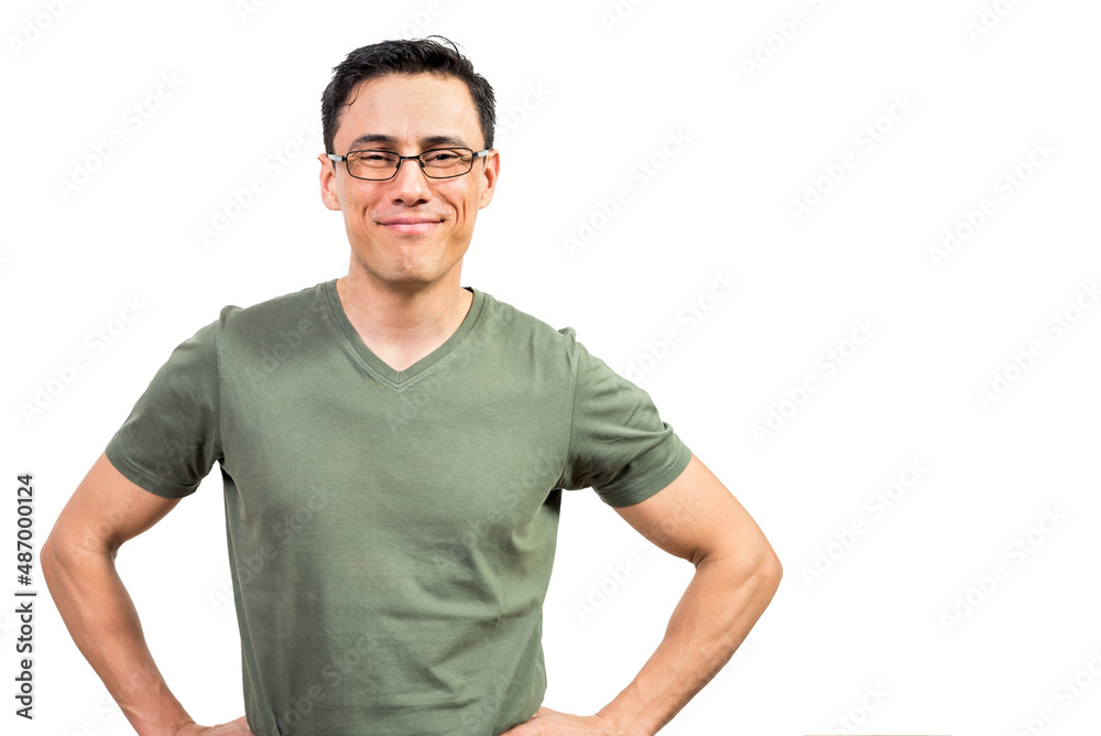 Fototapeta premium Positive nerd smiling and looking at camera