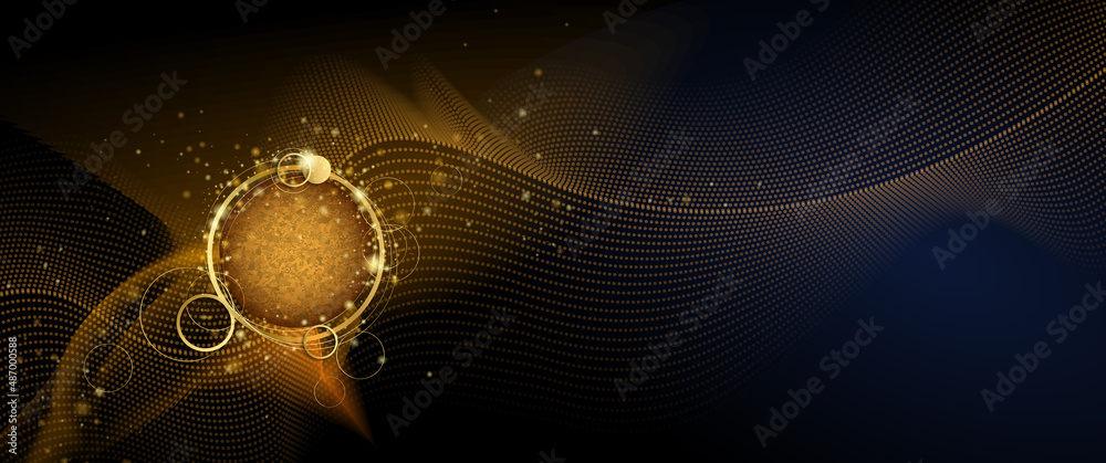 Vector abstract gold light sphere with glitter sparkle and glowing effect, explosion burst, dust particles shiny. Golden shine glittering, glow light particle and bokah, luxury black color background