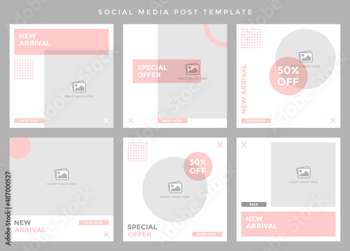Social media post template. Six editable page or banner, fit for all sale promotion, minimalist concept with fade pink color theme.