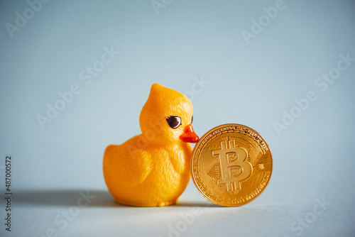 Obraz na plátně An unusual shot of a bitcoin coin next to a rubber duck