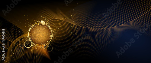 Vector abstract gold light sphere with glitter sparkle and glowing effect, explosion burst, dust particles shiny. Golden shine glittering, glow light particle and bokah, luxury black color background