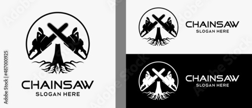 chainsaw logo design template in silhouette with tree icon in circle. premium vector logo illustration photo