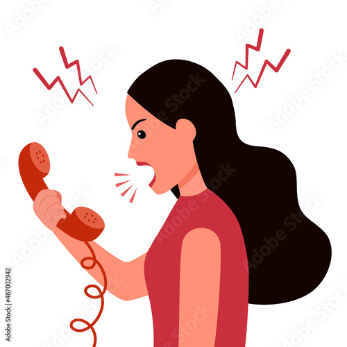 Angry woman talking on phone in flat design on white background. Customer complaint on phone. photo