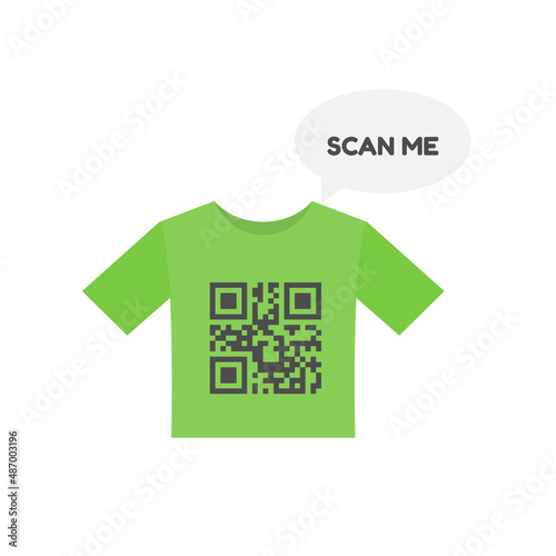 T-Shirt and QR code with lettering 'SCAN ME' in dialog box flat vector design isolated on white background.