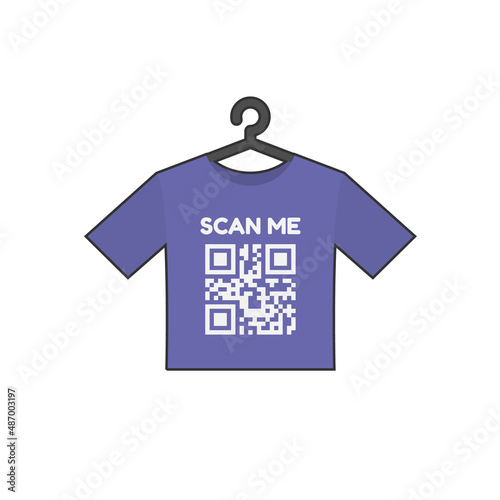 T-Shirt and QR code with lettering 'SCAN ME' flat vector design isolated on white background.