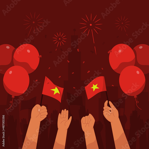 Vietnam independence day background with hands waving flag balloons and fireworks in flat design