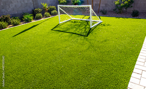 Fototapeta Naklejka Na Ścianę i Meble -  Children's Practice Soccer Net In Home Rear Yard