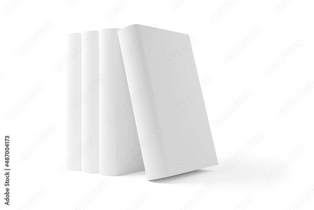 Four white blank hardcover books with one tilted templates or mock ups standing on white background with copy space Four white blank hardcover books with one tilted templates or mock ups standing on white background with copy space