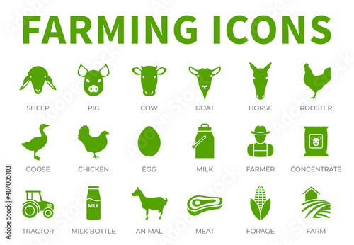 Farming Icon Set of Sheep, Pig, Cow, Goat, Horse, Rooster, Goose, Chicken, Egg, Milk, Farmer, Concentrate, Tractor, Bottle, Animal, Meat, Forage and Farm Icons.
