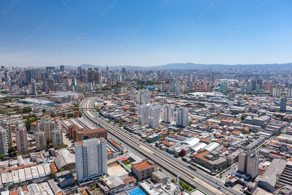 2014 SEP, AV DO ESTADO, Sao Paulo, SP, Brazil - Aerial photo of the city of São Paulo taken from the Mooca region overlooking the city center