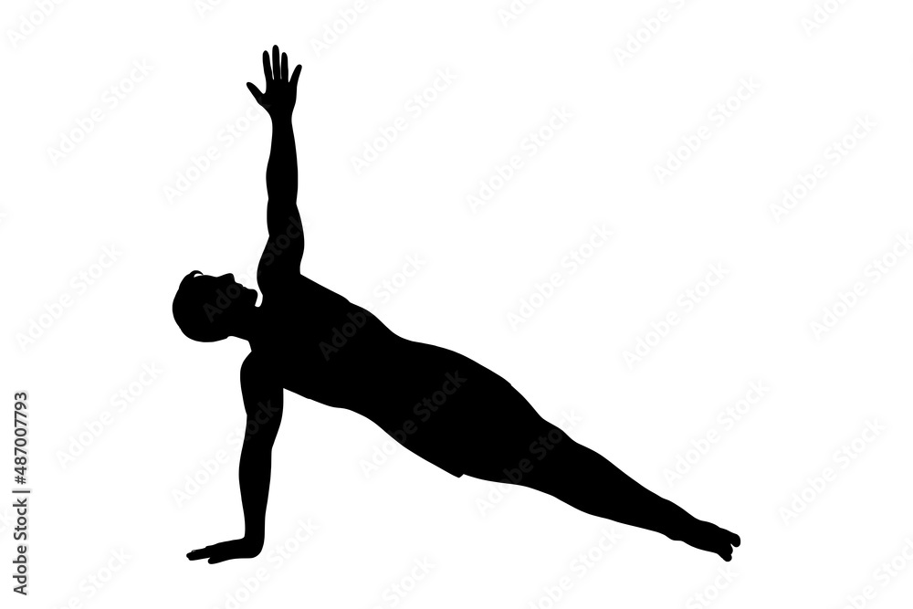 Man silhouette in side plank pose. Yogi man in vasisthasana. Vector illustration isolated in white background Man silhouette in side plank pose. Yogi man in vasisthasana. Vector illustration isolated in white background