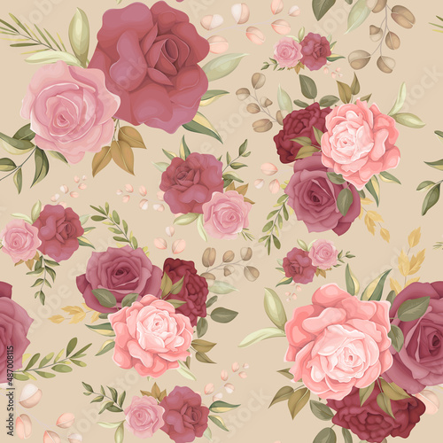 Beautiful seamless pattern with hand drawn flower and leaves