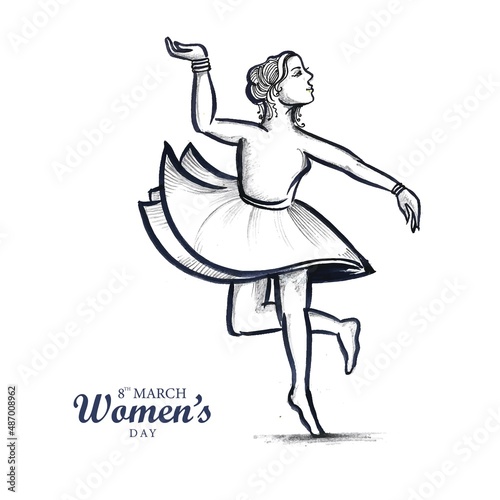 Hand draw International womens day dancing sketch card design