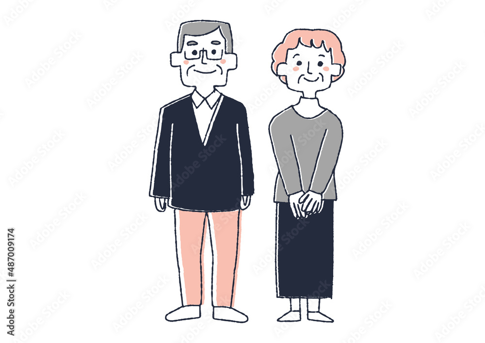 ミドル世代の夫婦 コミカルな手書きの人物イラスト ベクター線画にシンプルな色つけ 白バック Stock Vector Adobe Stock