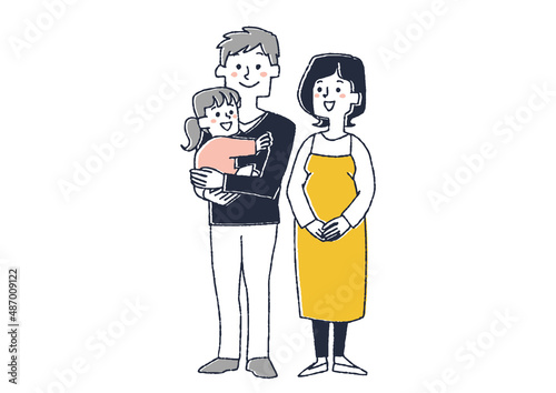 父親、妊婦、娘の三人家族　コミカルな手書きの人物イラスト　ベクター線画にシンプルな色つけ　白バック
