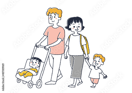 お出かけする四人家族　コミカルな手書きの人物イラスト　ベクター線画にシンプルな色つけ　白バック