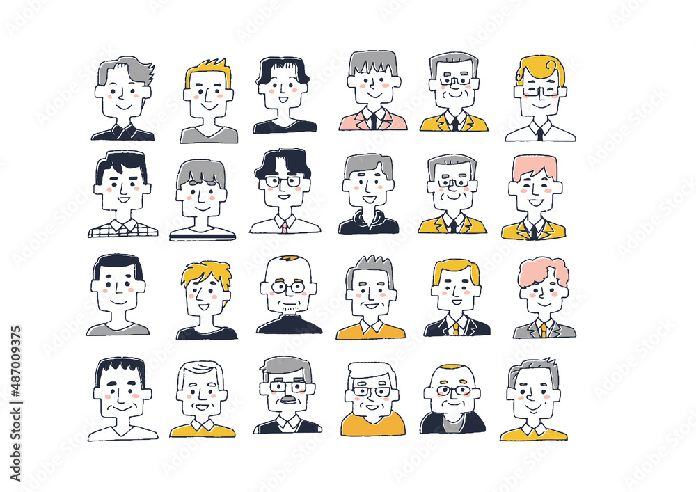 いろんな年齢の男性のアイコン コミカルな手書きの人物イラスト ベクター線画にシンプルな色つけ 白バッ Stock ベクター Adobe Stock