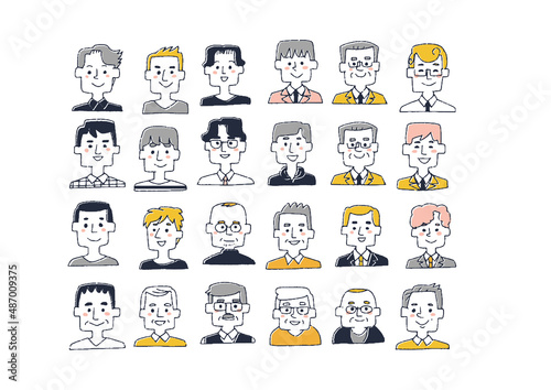 いろんな年齢の男性のアイコン　コミカルな手書きの人物イラスト　ベクター線画にシンプルな色つけ　白バッ