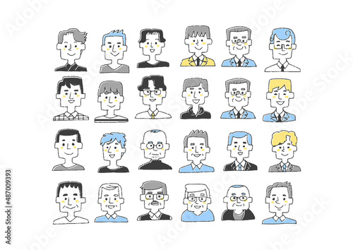 いろんな年齢の男性のアイコン　コミカルな手書きの人物イラスト　ベクター線画にシンプルな色つけ　白バッ