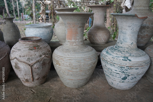 Unglazed stoneware jars from ancient kiln. Archaeology of ancient kiln sites in Lanna region, Northern Thailand.  © Montree